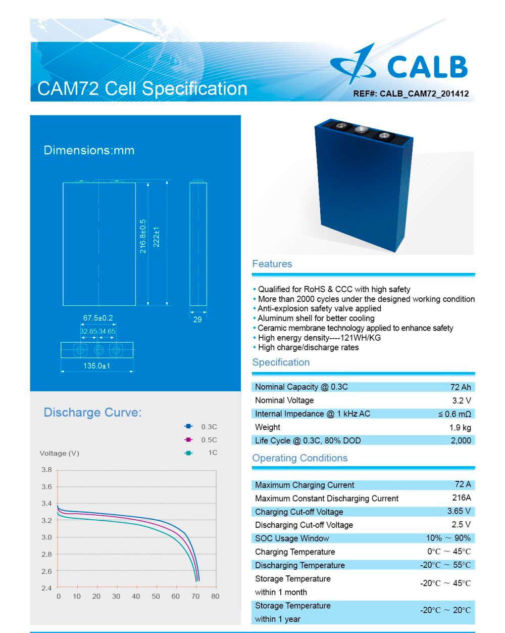 CALB 72Ah CAM72 Battery Cell 