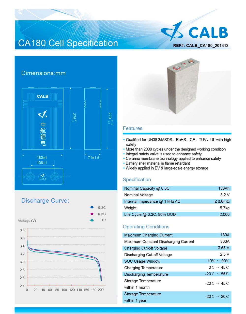 CALB CA180 LiFePO4 Battery CALB CA180 LiFePO4 Battery