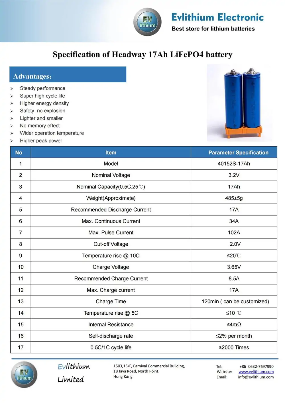 headway 40152s 17ah lifepo4 battery specification